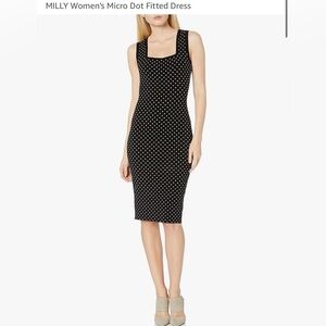 MILLY Women's Micro Dot Fitted Dress, black and white polka-dot. Midi size 6 P